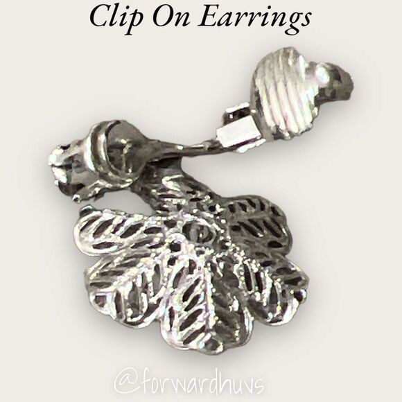 Vintage Silvertone Clip-On Earrings with Blue Rhinestones - Picture 3 of 7